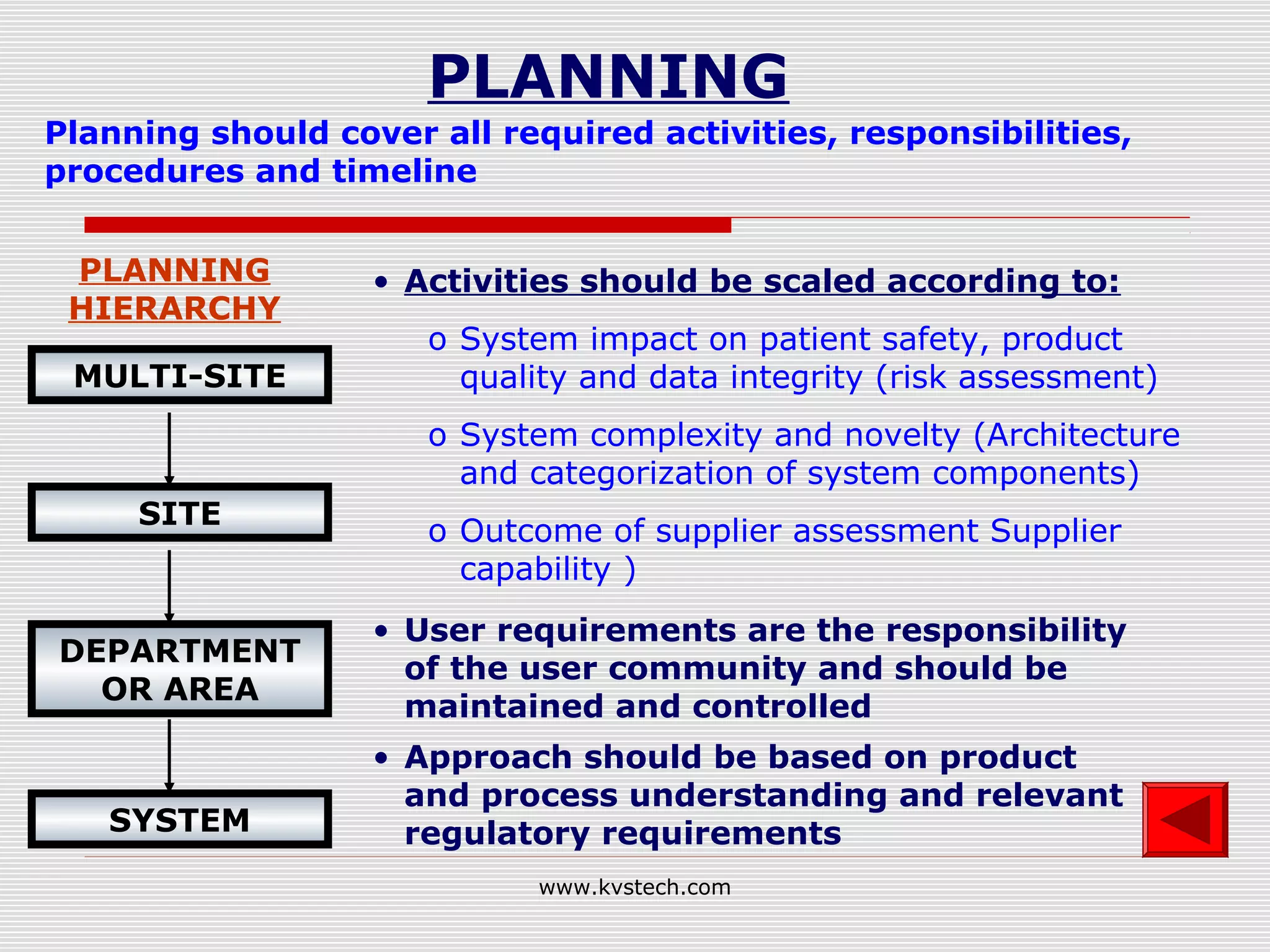 PLANNING
Planning should cover all required activities, responsibilities,
procedures and timeline


 PLANNING          • Activities should be scaled according to:
 HIERARCHY
                      o System impact on patient safety, product
 MULTI-SITE             quality and data integrity (risk assessment)
                      o System complexity and novelty (Architecture
                        and categorization of system components)
     SITE
                      o Outcome of supplier assessment Supplier
                        capability )
                   • User requirements are the responsibility
DEPARTMENT
                     of the user community and should be
  OR AREA
                     maintained and controlled
                   • Approach should be based on product
                     and process understanding and relevant
   SYSTEM            regulatory requirements
                             www.kvstech.com
 