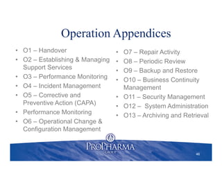 Operation Appendices
• O1 – Handover
• O2 – Establishing & Managing
Support Services
• O3 – Performance Monitoring
• O4 – Incident Management
• O5 – Corrective and
Preventive Action (CAPA)
• Performance Monitoring
• O6 – Operational Change &
Configuration Management
• O7 – Repair Activity
• O8 – Periodic Review
• O9 – Backup and Restore
• O10 – Business Continuity
Management
• O11 – Security Management
• O12 – System Administration
• O13 – Archiving and Retrieval
46
 