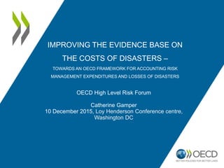 IMPROVING THE EVIDENCE BASE ON
THE COSTS OF DISASTERS –
TOWARDS AN OECD FRAMEWORK FOR ACCOUNTING RISK
MANAGEMENT EXPENDITURES AND LOSSES OF DISASTERS
OECD High Level Risk Forum
Catherine Gamper
10 December 2015, Loy Henderson Conference centre,
Washington DC
 