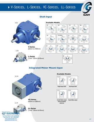 62 
V-Series, L-Series, VC-Series, LL-Series 
Shaft Input 
V-Series 
(65mm to 350mm) 
L-Series 
(“mini” 35mm & 45mm) 
Integrated Motor Mount Input 
VC-Series 
(65mm to 200mm) 
LL-Series 
(“mini” 35mm & 45mm) 
V-C0 
L-C0 
VC-W 
LL-W 
Available Models 
3 4 
VC-W 
Single Output Shaft 
VC-T 
Dual Output Shaft 
Available Models 
4 
6 
3 
5 
6 
4 
5 
3 
6 
4 
5 
3 
6 
4 
5 
3 
6 
4 
3 
5 
6 
4 
5 
3 
6 
4 
3 
5 
6 
3 4 
5 
6 
3 
5 
4 
6 
3 4 
5 
6 
3 4 
5 
6 
3 4 
5 
5 
6 
VC-W 
Single Output Shaft 
VC-T 
Dual Output Shaft 
VC-W 
Single Output Shaft 
Single Output Shaft Dual Output Shaft 
VC-S 
Smooth Hollow Output Shaft 
VC-S 
Smooth Hollow Output Shaft 
VC-T 
VC-K 
KeyVeCd H-Kollow Output Shaft 
VC-K 
Keyed Hollow Output Shaft 
VC-W 
VC-T 
Dual Output Shaft 
VC-S 
Smooth Hollow Output Shaft 
VC-K 
Keyed Hollow Output Shaft 
VC-W 
Single Output Shaft 
VC-T 
Dual Output Shaft 
VC-S 
Smooth Hollow Output Shaft 
VC-K 
VC-S Keyed Hollow Output Shaft 
Smooth hollow output 
with zero backlash 
shrink disc 
Keyed hollow output 
Sold & Serviced By: 
ELECTROMATE 
Toll Free Phone (877) SERVO98 
Toll Free Fax (877) SERV099 
www.electromate.com 
sales@electromate.com 
 