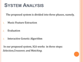 SYSTEM ANALYSIS
The proposed system is divided into three phases, namely,
1.

Music Feature Extraction

2.

Evaluation

3.

Interactive Genetic Algorithm

In our proposed system, IGA works in three steps:
Selection,Crossover, and Matching.

 