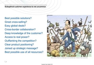 Suboptimal customer experience is not uncommon




Best possible solutions?
Great cross-selling?
Easy global deals?
Cross-border collaboration?
Deep knowledge of the customer?
Access to real power?
Outflanking the competition?
Clear product positioning?
Joined up strategic message?
Best possible use of all resources?

                                                               Many firms find it a challenge to be ‘joined up’ in front of the customer


4
                                        Copyright Greg Caldwell 2012
 