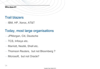 Who does it?




Trail blazers
— IBM, HP, Xerox, AT&T


Today, most large organisations
— JPMorgan, Citi, Deutsche
— TCS, Infosys etc.
— Marriott, Nestlé, Shell etc.
— Thomson Reuters, but not Bloomberg ?
— Microsoft, but not Oracle?


6
                                 Copyright Greg Caldwell 2012
 