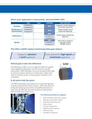 When your application is demanding…demand GAM’s SPH 
Low High Superior Why GAM SPH? 
The SPH is GAM’s highest performing inline gear reducer 
The following methods are applied: 
• CNC coordinate measurement method 
• CNC gear measurement method 
• Mechanical measurement test 
• Surface testing 
• Thickness measurement 
• Magnetic particle inspection 
• Hardness testing 
• Grinding burn inspection 
Designed for dynamic 
& cyclic applications 
Can be optimized for high speed and 
continuous applications 
Flexibility 
Competition A 
SPH Configured to meet the application, 
Competition B not the other way around! 
Modifications & 
Customizations 
Competition A 
SPH Flexible manufacturing and 
Competition B experienced engineering 
Performance 
SPH 
95 years of gear manufacturing 
Competition A experience 
Competition B 
Quality 
SPH State of the art testing and 
measuring machines. 
ISO 9001 certified 
Competition A 
Competition B 
Helical gears make the difference 
The helical gear profile is cut at an angle that allows for gradual 
tooth engagement allowing for smooth, accurate, and quiet 
transmission. GAM’s SPH gears are cut at the optimal helix angle 
to minimize resultant axial forces and they have a larger tooth 
width to maximize torque carrying capacity compared to the 
competition. 
It all starts with the gears 
The SPH’s helical gears are produced to an extremely high level 
of quality and ground for further precision. With state of the art 
testing and measuring instruments and qualified personnel, we 
assure that the SPH will meet and exceed your requirements. 
With the SPH, every detail counts. 
 