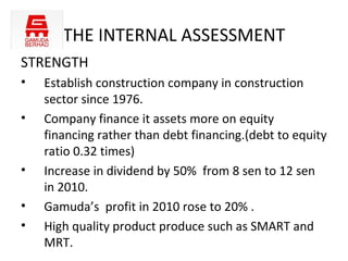 THE INTERNAL ASSESSMENT
STRENGTH
•   Establish construction company in construction
    sector since 1976.
•   Company finance it assets more on equity
    financing rather than debt financing.(debt to equity
    ratio 0.32 times)
•   Increase in dividend by 50% from 8 sen to 12 sen
    in 2010.
•   Gamuda’s profit in 2010 rose to 20% .
•   High quality product produce such as SMART and
    MRT.
 