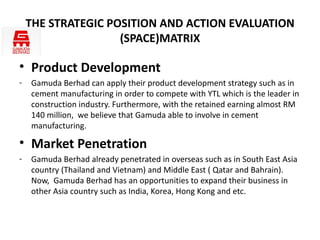 THE STRATEGIC POSITION AND ACTION EVALUATION
                    (SPACE)MATRIX

• Product Development
-   Gamuda Berhad can apply their product development strategy such as in
    cement manufacturing in order to compete with YTL which is the leader in
    construction industry. Furthermore, with the retained earning almost RM
    140 million, we believe that Gamuda able to involve in cement
    manufacturing.

• Market Penetration
-   Gamuda Berhad already penetrated in overseas such as in South East Asia
    country (Thailand and Vietnam) and Middle East ( Qatar and Bahrain).
    Now, Gamuda Berhad has an opportunities to expand their business in
    other Asia country such as India, Korea, Hong Kong and etc.
 