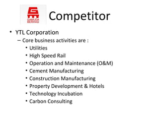 Competitor
• YTL Corporation
  – Core business activities are :
     • Utilities
     • High Speed Rail
     • Operation and Maintenance (O&M)
     • Cement Manufacturing
     • Construction Manufacturing
     • Property Development & Hotels
     • Technology Incubation
     • Carbon Consulting
 