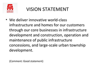 VISION STATEMENT
• We deliver innovative world-class
  infrastructure and homes for our customers
  through our core businesses in infrastructure
  development and construction, operation and
  maintenance of public infrastructure
  concessions, and large-scale urban township
  development.

  (Comment: Good statement)
 