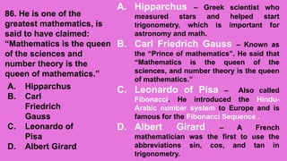 Question Mathmatitian Mathematics let practice questions this include famous mathematician | PPTX