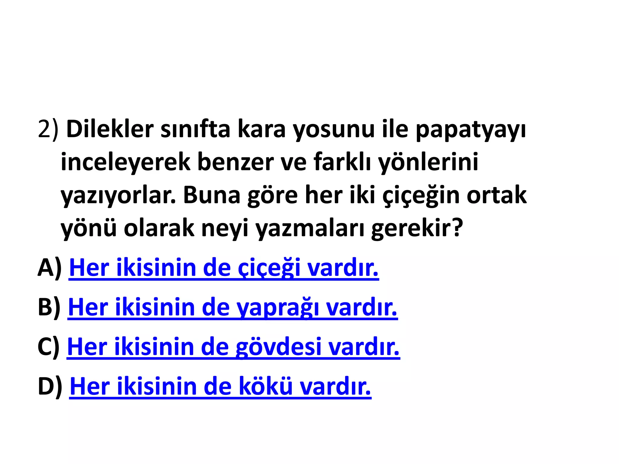 2) Dilekler sınıfta kara yosunu ile papatyayı
  inceleyerek benzer ve farklı yönlerini
  yazıyorlar. Buna göre her iki çiçeğin ortak
  yönü olarak neyi yazmaları gerekir?
A) Her ikisinin de çiçeği vardır.
B) Her ikisinin de yaprağı vardır.
C) Her ikisinin de gövdesi vardır.
D) Her ikisinin de kökü vardır.
 