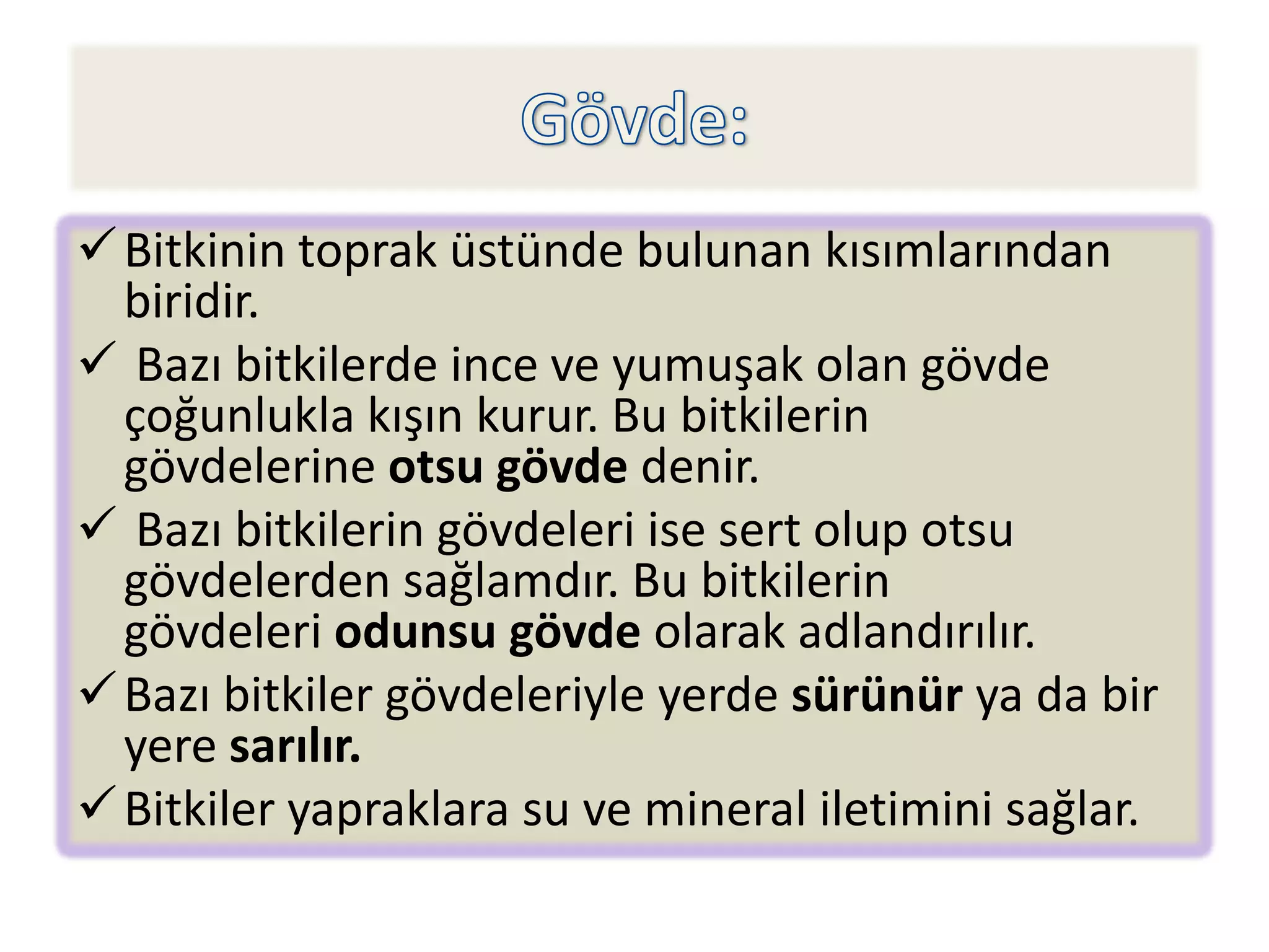  Bitkinin toprak üstünde bulunan kısımlarından
  biridir.
 Bazı bitkilerde ince ve yumuşak olan gövde
  çoğunlukla kışın kurur. Bu bitkilerin
  gövdelerine otsu gövde denir.
 Bazı bitkilerin gövdeleri ise sert olup otsu
  gövdelerden sağlamdır. Bu bitkilerin
  gövdeleri odunsu gövde olarak adlandırılır.
 Bazı bitkiler gövdeleriyle yerde sürünür ya da bir
  yere sarılır.
 Bitkiler yapraklara su ve mineral iletimini sağlar.
 