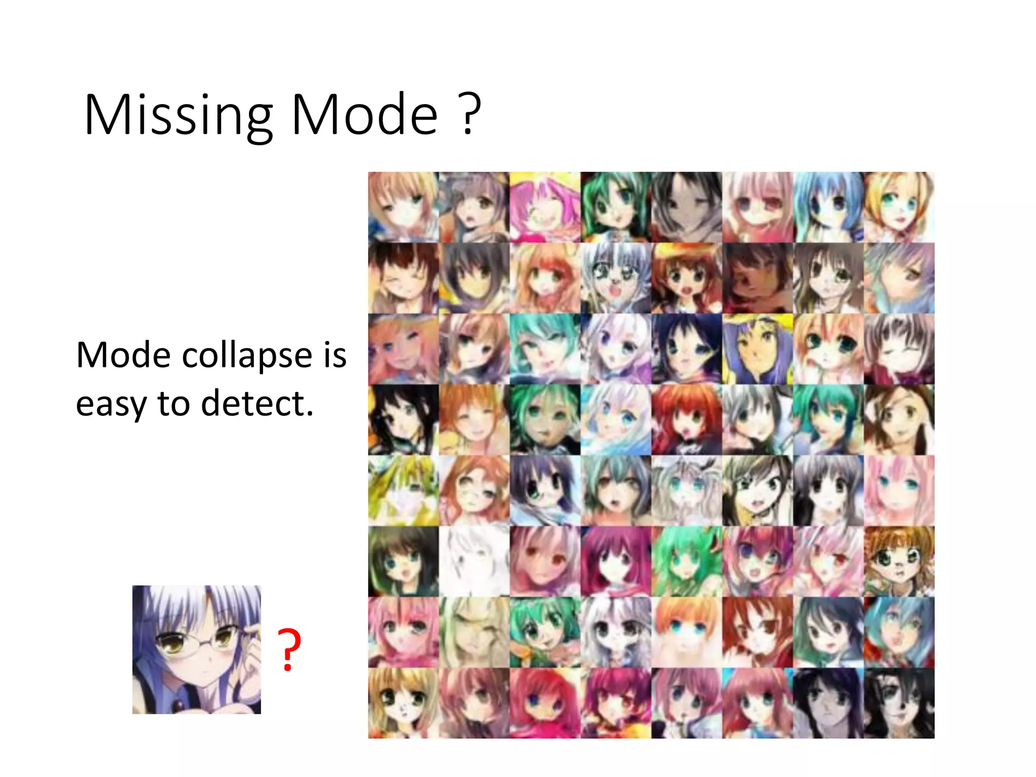 Missing Mode ?
?
Mode collapse is
easy to detect.
 