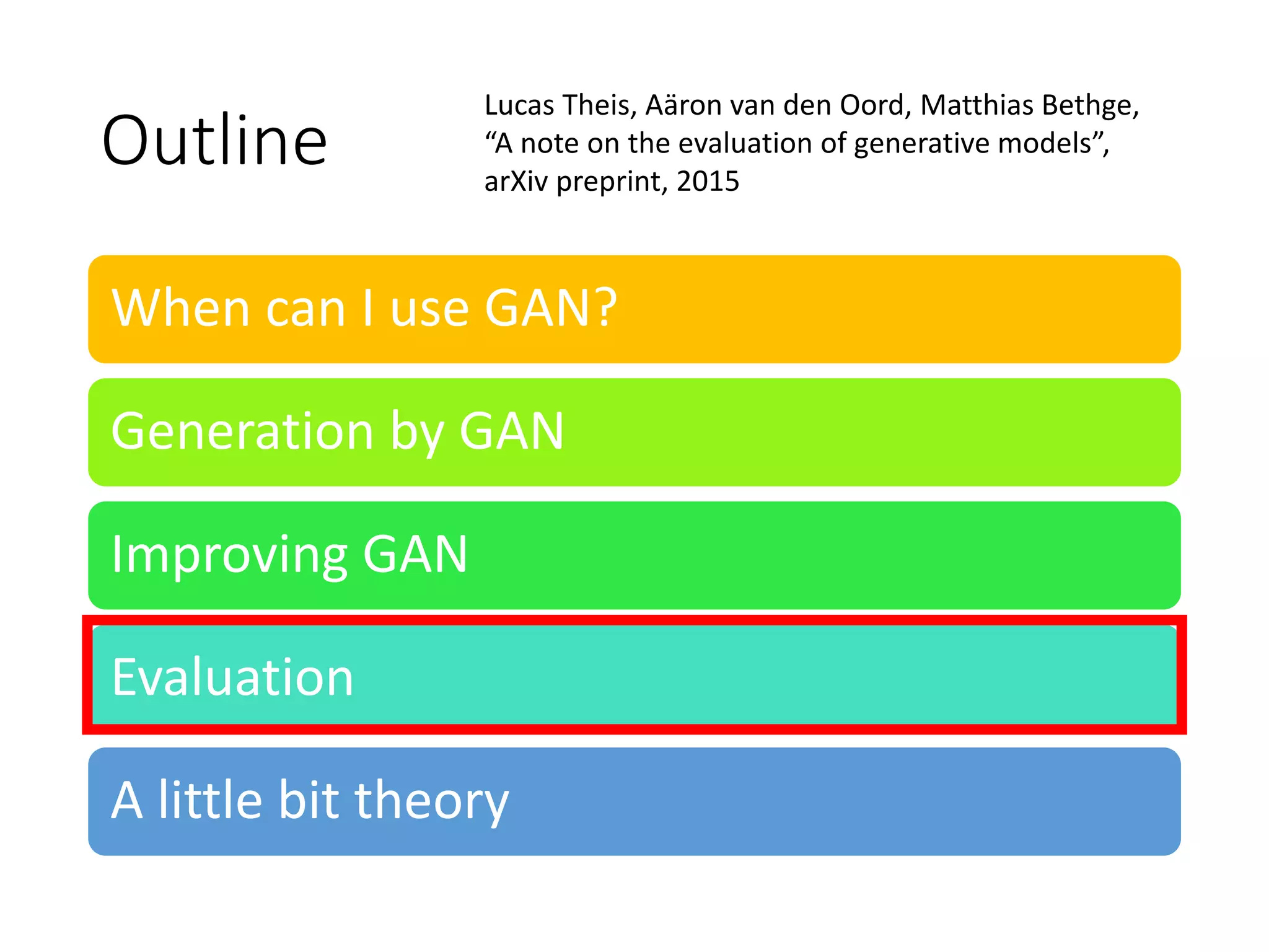 Outline
When can I use GAN?
Generation by GAN
Improving GAN
Evaluation
A little bit theory
Lucas Theis, Aäron van den Oord, Matthias Bethge,
“A note on the evaluation of generative models”,
arXiv preprint, 2015
 