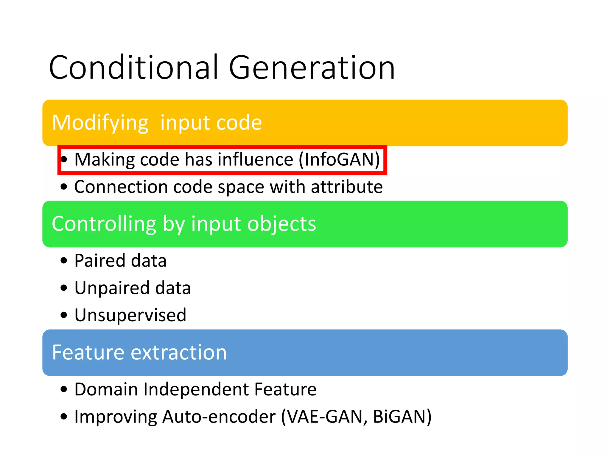 Conditional Generation
Modifying input code
• Making code has influence (InfoGAN)
• Connection code space with attribute
Controlling by input objects
• Paired data
• Unpaired data
• Unsupervised
Feature extraction
• Domain Independent Feature
• Improving Auto-encoder (VAE-GAN, BiGAN)
 