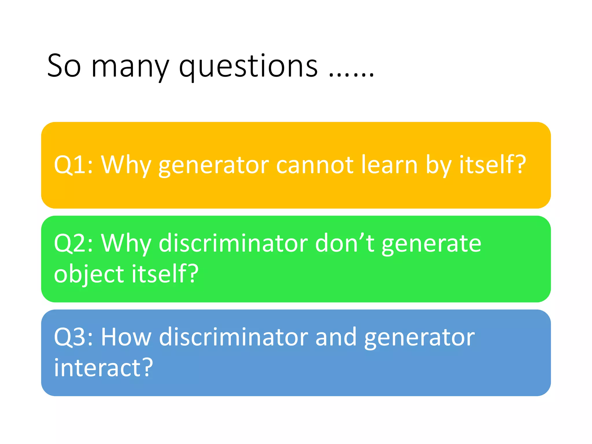 So many questions ……
Q1: Why generator cannot learn by itself?
Q2: Why discriminator don’t generate
object itself?
Q3: How discriminator and generator
interact?
 