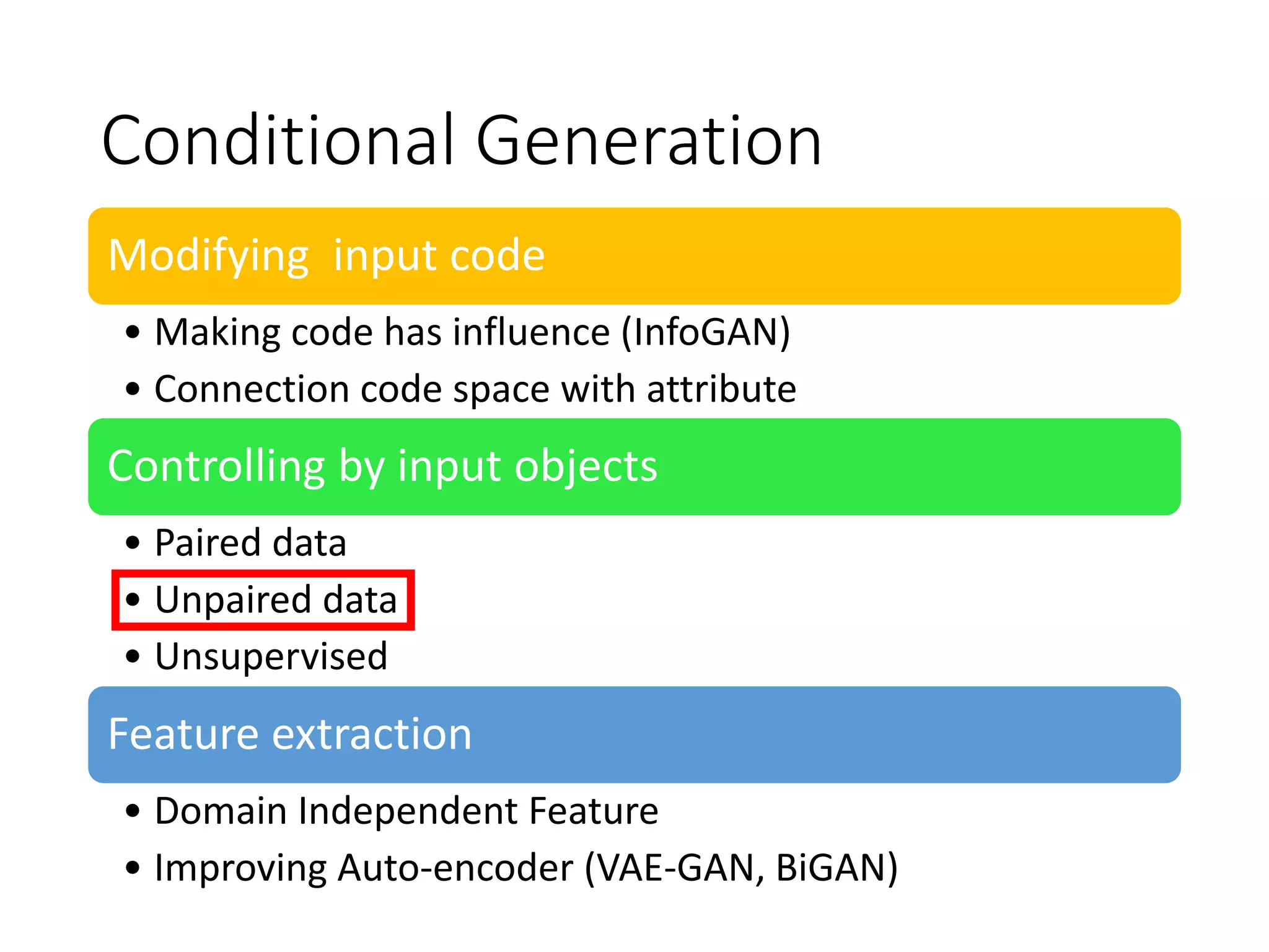 Conditional Generation
Modifying input code
• Making code has influence (InfoGAN)
• Connection code space with attribute
Controlling by input objects
• Paired data
• Unpaired data
• Unsupervised
Feature extraction
• Domain Independent Feature
• Improving Auto-encoder (VAE-GAN, BiGAN)
 