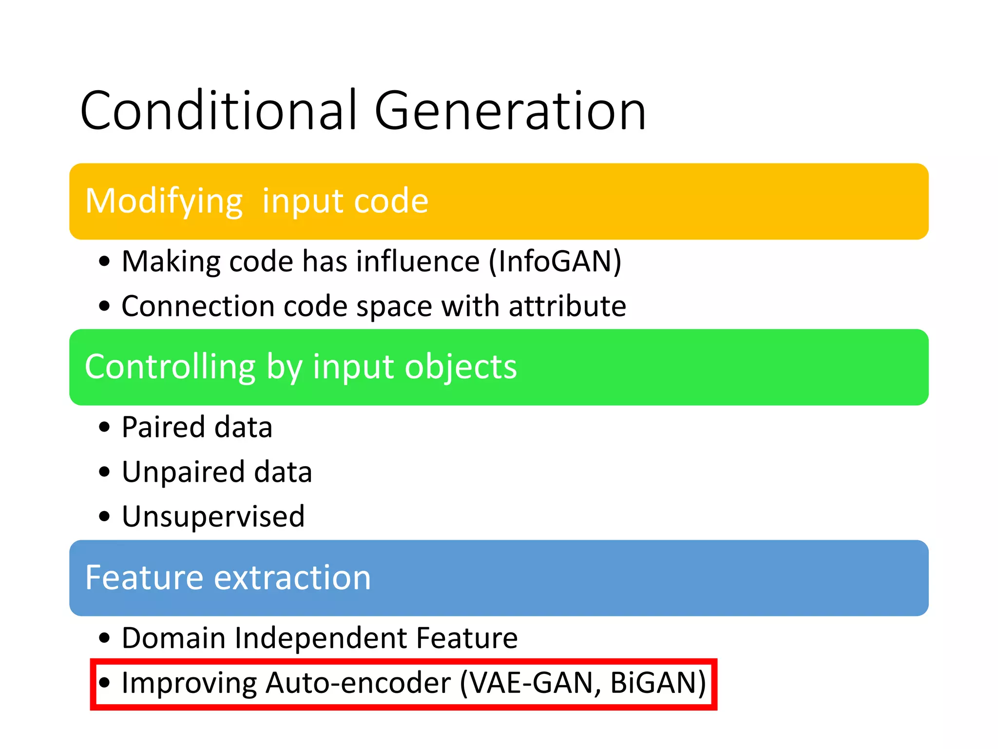 Conditional Generation
Modifying input code
• Making code has influence (InfoGAN)
• Connection code space with attribute
Controlling by input objects
• Paired data
• Unpaired data
• Unsupervised
Feature extraction
• Domain Independent Feature
• Improving Auto-encoder (VAE-GAN, BiGAN)
 