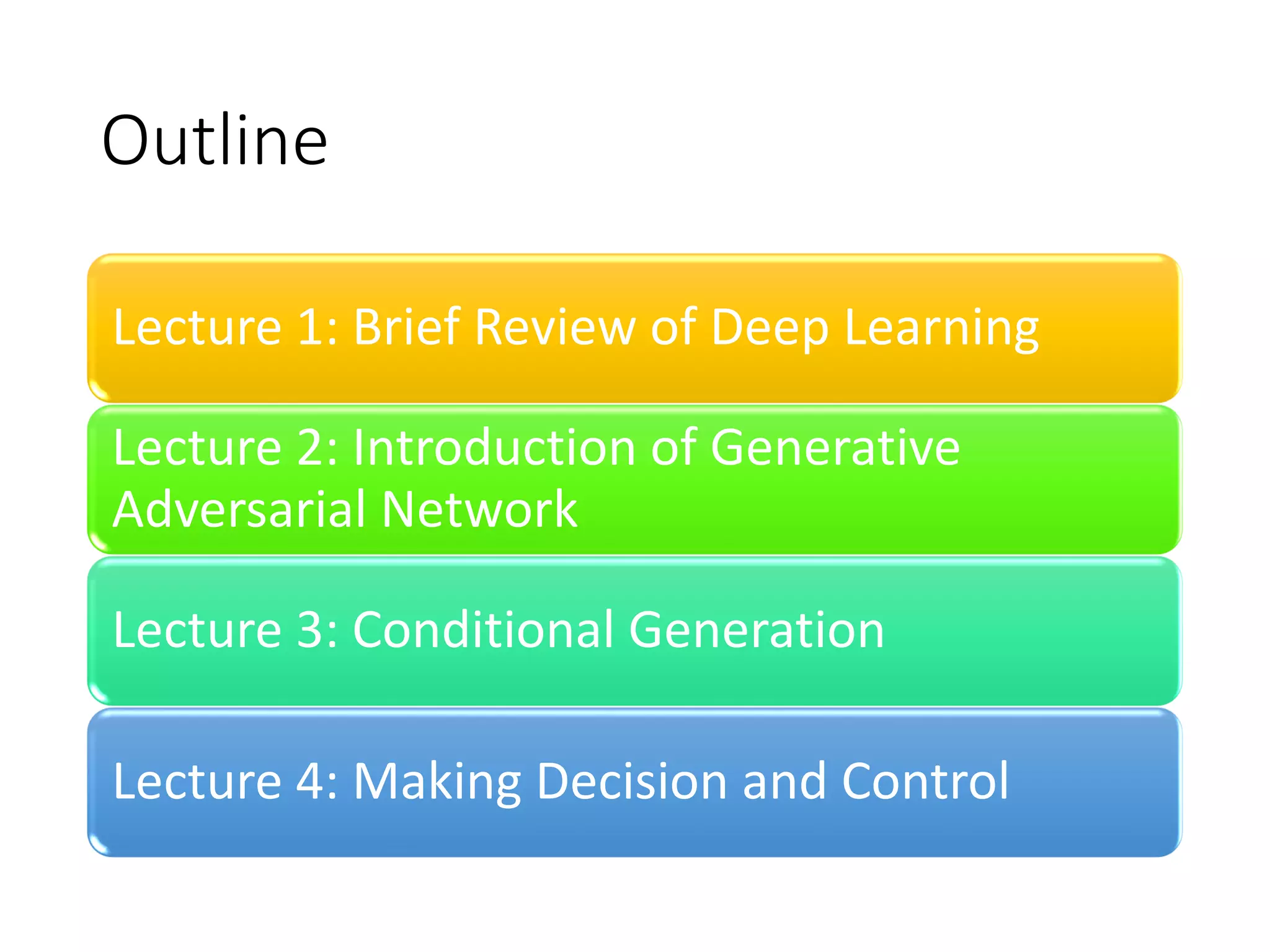 Outline
Lecture 1: Brief Review of Deep Learning
Lecture 2: Introduction of Generative
Adversarial Network
Lecture 3: Conditional Generation
Lecture 4: Making Decision and Control
 