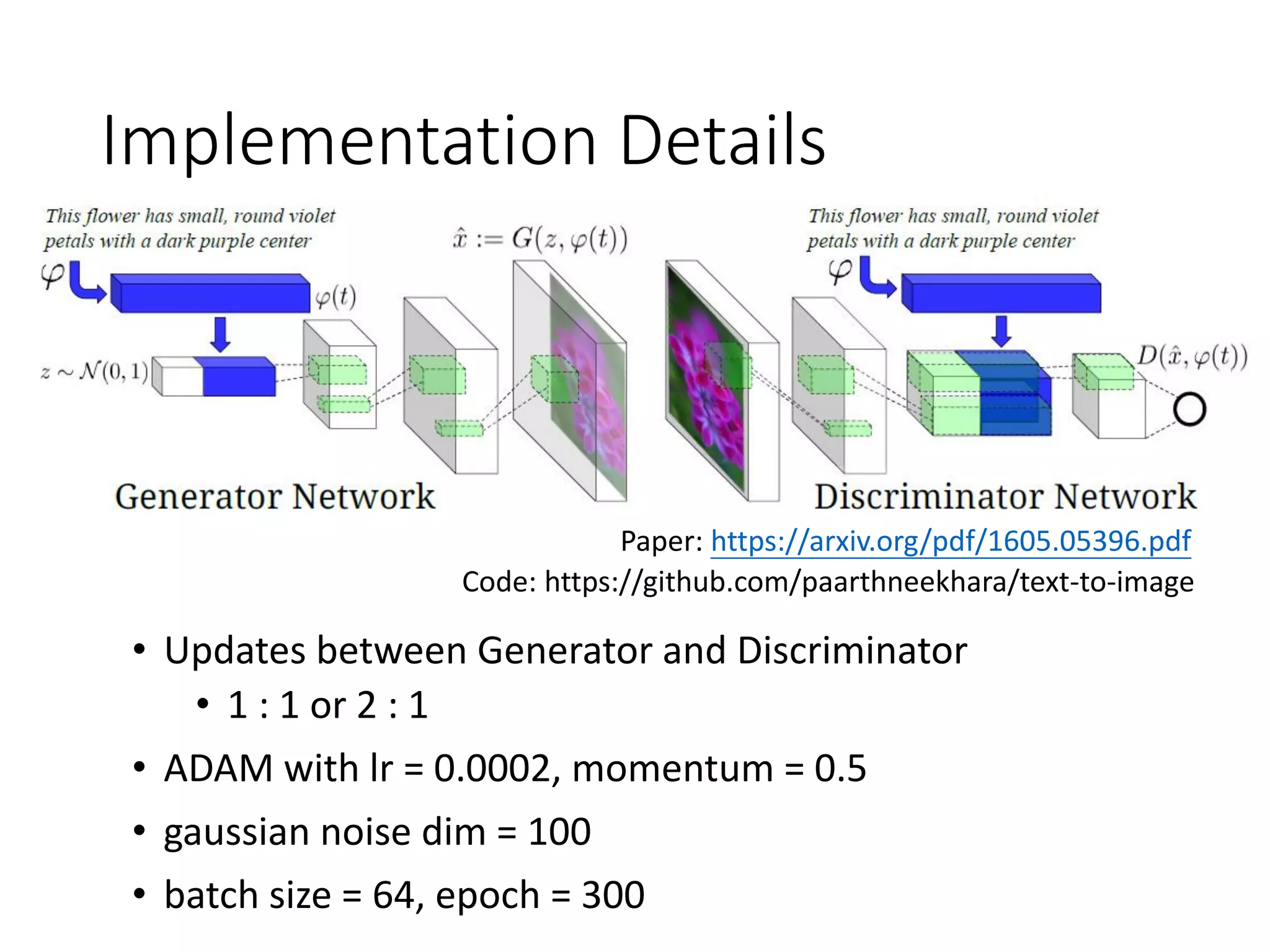 Implementation Details
• Updates between Generator and Discriminator
• 1 : 1 or 2 : 1
• ADAM with lr = 0.0002, momentum = 0.5
• gaussian noise dim = 100
• batch size = 64, epoch = 300
Paper: https://arxiv.org/pdf/1605.05396.pdf
Code: https://github.com/paarthneekhara/text-to-image
 