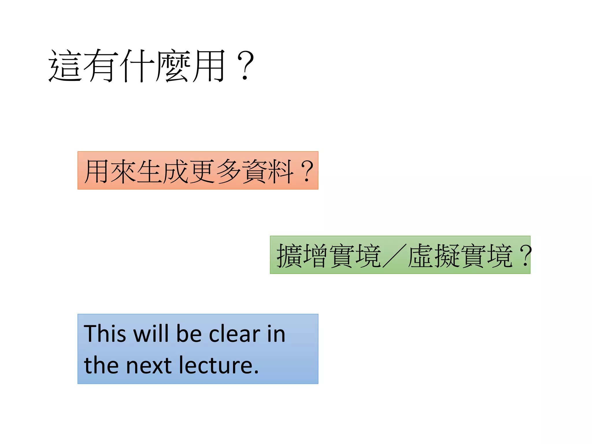 這有什麼用？
用來生成更多資料？
擴增實境／虛擬實境？
This will be clear in
the next lecture.
 