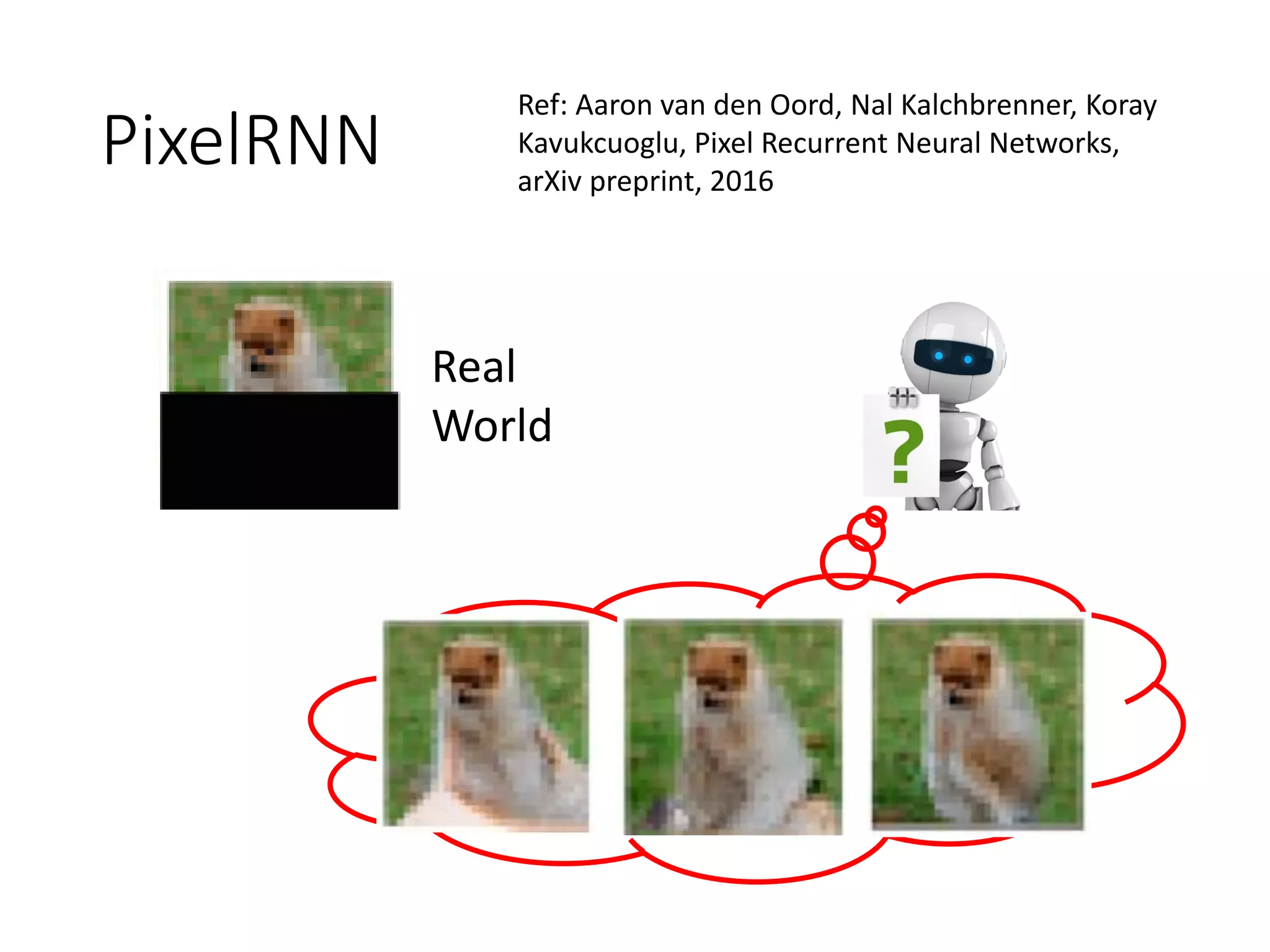 PixelRNN
Real
World
Ref: Aaron van den Oord, Nal Kalchbrenner, Koray
Kavukcuoglu, Pixel Recurrent Neural Networks,
arXiv preprint, 2016
 