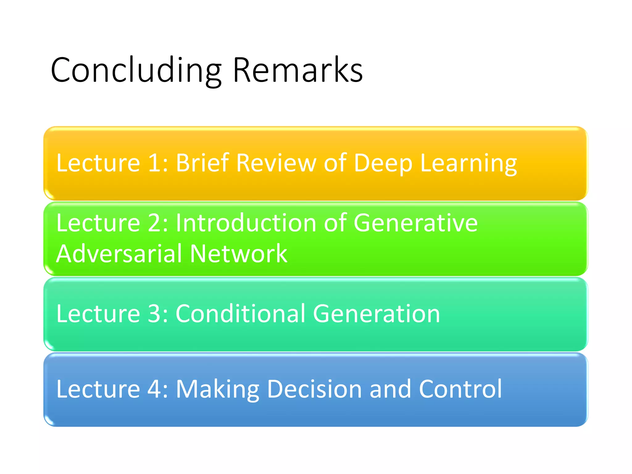 Concluding Remarks
Lecture 1: Brief Review of Deep Learning
Lecture 2: Introduction of Generative
Adversarial Network
Lecture 3: Conditional Generation
Lecture 4: Making Decision and Control
 