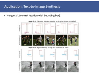 Application: Text-to-Image Synthesis
• Hong et al. (control location with bounding box)
 