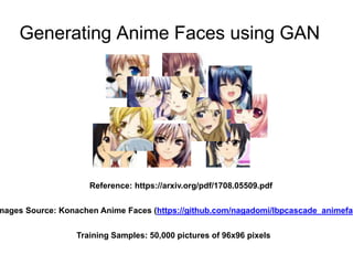 Generating Anime Faces using GAN
Reference: https://arxiv.org/pdf/1708.05509.pdf
mages Source: Konachen Anime Faces (https://github.com/nagadomi/lbpcascade_animefa
Training Samples: 50,000 pictures of 96x96 pixels
 