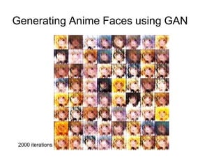 Generating Anime Faces using GAN
2000 iterations
 