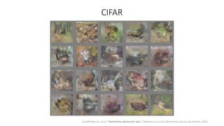 Goodfellow, Ian, et al. "Generative adversarial nets." Advances in neural information processing systems. 2014.
CIFAR
 