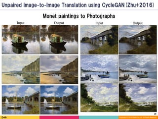 28	
Copyright (C) 2014 DeNA Co.,Ltd. All Rights Reserved.
Monet paintings to Photographs
CycleGAN (Zhu+2017)
 