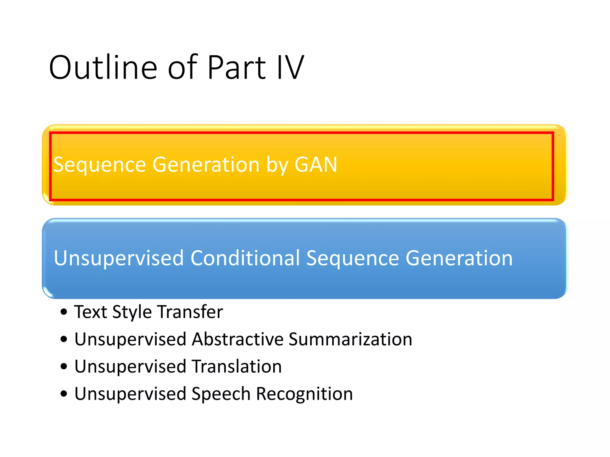 Outline of Part IV
Sequence Generation by GAN
Unsupervised Conditional Sequence Generation
• Text Style Transfer
• Unsupervised Abstractive Summarization
• Unsupervised Translation
• Unsupervised Speech Recognition
 