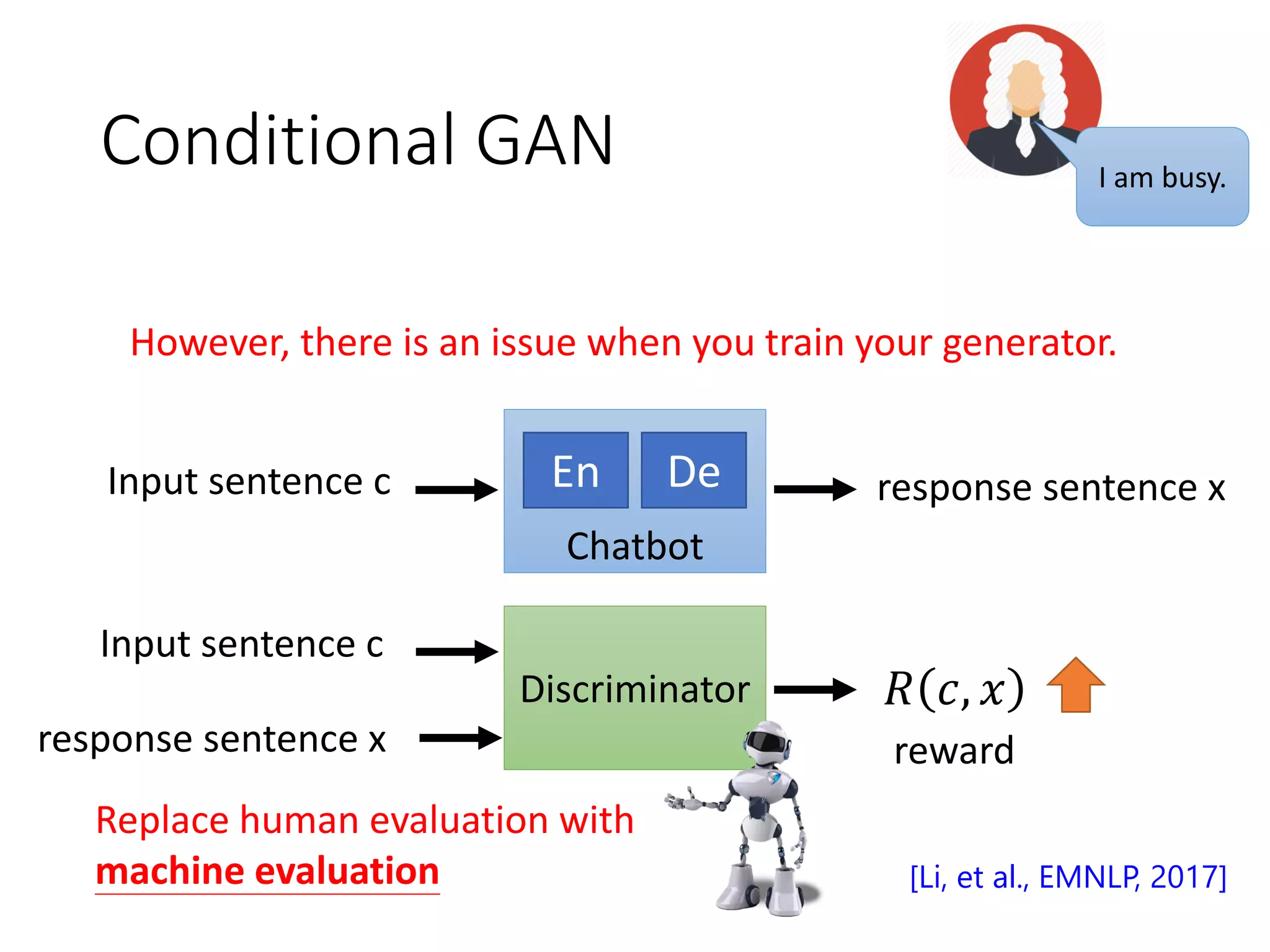 Conditional GAN
Discriminator
Input sentence c response sentence x
Chatbot
En De
response sentence x
Input sentence c
reward
𝑅 𝑐, 𝑥
I am busy.
Replace human evaluation with
machine evaluation [Li, et al., EMNLP, 2017]
However, there is an issue when you train your generator.
 