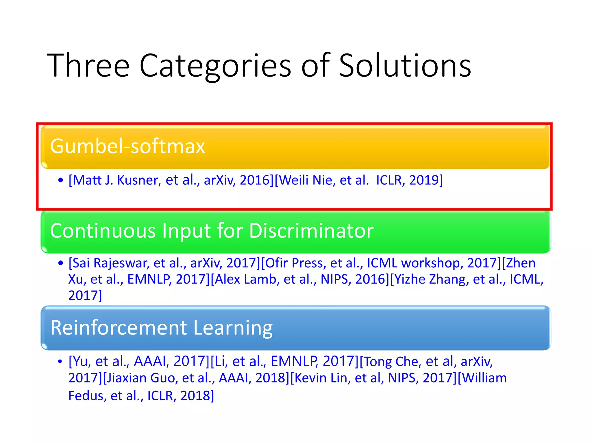 Three Categories of Solutions
Gumbel-softmax
• [Matt J. Kusner, et al., arXiv, 2016][Weili Nie, et al. ICLR, 2019]
Continuous Input for Discriminator
• [Sai Rajeswar, et al., arXiv, 2017][Ofir Press, et al., ICML workshop, 2017][Zhen
Xu, et al., EMNLP, 2017][Alex Lamb, et al., NIPS, 2016][Yizhe Zhang, et al., ICML,
2017]
Reinforcement Learning
• [Yu, et al., AAAI, 2017][Li, et al., EMNLP, 2017][Tong Che, et al, arXiv,
2017][Jiaxian Guo, et al., AAAI, 2018][Kevin Lin, et al, NIPS, 2017][William
Fedus, et al., ICLR, 2018]
 