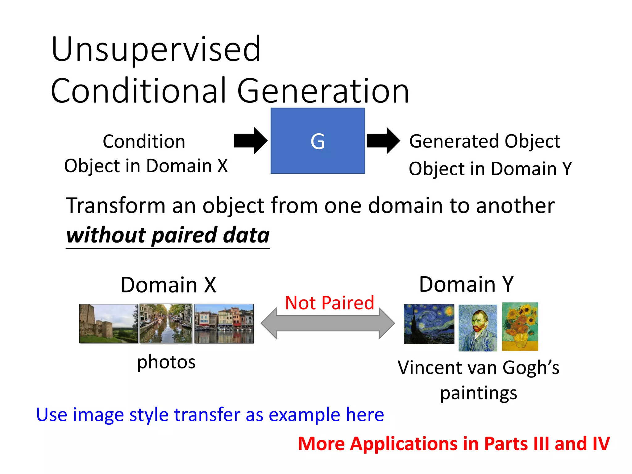 Unsupervised
Conditional Generation
G
Object in Domain X Object in Domain Y
Transform an object from one domain to another
without paired data
Domain X Domain Y
photos
Condition Generated Object
Vincent van Gogh’s
paintings
Not Paired
More Applications in Parts III and IV
Use image style transfer as example here
 