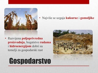 • Najviše se uzgaja kukuruz i gomoljike




• Razvijena poljoprivredna
  proizvodnja, bogatstvo rudama
  i hidroenergijom dobri su
  temelji za gospodarski rast


  Gospodarstvo
 