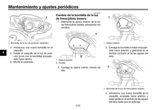 Mantenimiento y ajustes periódicos
6-30
6
4. Introduzca una nueva bombilla en el
casquillo.
5. Instale el casquillo de la luz de posi-
ción (junto con la bombilla) empuján-
dolo hacia dentro.
6. Monte el carenado.
SAU76240
Cambio de la bombilla de la luz
de freno/piloto trasero
1. Desmonte la óptica exterior de la luz
de freno/piloto trasero extrayendo los
tornillos.
2. Extraiga la óptica interior tirando de
ella.
3. Extraiga la bombilla fundida empuján-
dola hacia adentro y girándola en el
sentido contrario al de las agujas del
reloj.
4. Introduzca una nueva bombilla en el
casquillo, empújela hacia adentro y
luego gírela en el sentido de las agujas
del reloj hasta que se detenga.
1. Bombilla de la luz de posición delantera
1
1. Óptica exterior
2. Tornillo
2
1
1. Óptica interior
1. Bombilla de la luz de freno/piloto trasero
1
1
U40BSLS0.book Page 30 Friday, July 29, 2016 4:59 PM
 