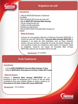 Brigadeiro de café
Ingredientes
• 150g de NESTLÉ® Recheio e Cobertura
Chocolate
• 50ml de NESTLÉ® Creme de Leite UHT
• 50g de NESTLÉ® Ganache Meio Amargo
• 15g de margarina sem sal
• 3 grãos de café quebrados
• 22 grãos de café inteiros
• 50g de NESTLÉ®® Chocolate Meio Amargo em
raspas
Modo de Preparo
Coloque em uma panela o Recheio e Cobertura Chocolate NESTLÉ®, o
Creme de Leite UHT NESTLÉ®, o Ganache Meio Amargo NESTLÉ®, a
margarina e os grãos de café quebrados. Leve ao fogo, mexendo
sempre, até que comece a desgrudar do fundo da panela. Despeje em
uma superfície untada com margarina e deixe esfriar. Em seguida, molde
os brigadeiro, passe-os nas raspas de Chocolate Meio Amargo
NESTLÉ® e decore com os grãos inteiros de café.
Trufa Tradicional
Modo de Preparo
Ingredientes
• 2,33 kg NESTLÉ®MOÇA® Ganache Meio Amargo (1 lata)
• 250g de NESTLÉ®® Chocolate em Pó Dois Frades 50% Cacau
Coloque o Ganache Meio Amargo NESTLÉ®® em um
recipiente e deixe no refrigerador por 2 horas ou até que atinja
consistência firme para modelar. Boleie as trufas e passe-as no
Chocolate em Pó Dois Frades 50% Cacau NESTLÉ®.
Rendimento 115 unidades
Rendimento 15 unidades
 