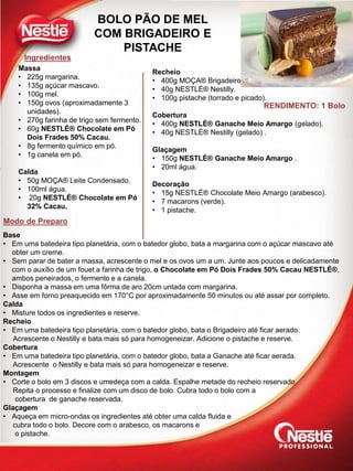 Massa
• 225g margarina.
• 135g açúcar mascavo.
• 100g mel.
• 150g ovos (aproximadamente 3
unidades).
• 270g farinha de trigo sem fermento.
• 60g NESTLÉ® Chocolate em Pó
Dois Frades 50% Cacau.
• 8g fermento químico em pó.
• 1g canela em pó.
Calda
• 50g MOÇA® Leite Condensado.
• 100ml água.
• 20g NESTLÉ® Chocolate em Pó
32% Cacau.
Recheio
• 400g MOÇA® Brigadeiro.
• 40g NESTLÉ® Nestilly.
• 100g pistache (torrado e picado).
Cobertura
• 400g NESTLÉ® Ganache Meio Amargo (gelado).
• 40g NESTLÉ® Nestilly (gelado) .
Glaçagem
• 150g NESTLÉ® Ganache Meio Amargo .
• 20ml água.
Decoração
• 15g NESTLÉ® Chocolate Meio Amargo (arabesco).
• 7 macarons (verde).
• 1 pistache.
Base
• Em uma batedeira tipo planetária, com o batedor globo, bata a margarina com o açúcar mascavo até
obter um creme.
• Sem parar de bater a massa, acrescente o mel e os ovos um a um. Junte aos poucos e delicadamente
com o auxílio de um fouet a farinha de trigo, o Chocolate em Pó Dois Frades 50% Cacau NESTLÉ®,
ambos peneirados, o fermento e a canela.
• Disponha a massa em uma fôrma de aro 20cm untada com margarina.
• Asse em forno preaquecido em 170°C por aproximadamente 50 minutos ou até assar por completo.
Calda
• Misture todos os ingredientes e reserve.
Recheio
• Em uma batedeira tipo planetária, com o batedor globo, bata o Brigadeiro até ficar aerado.
Acrescente o Nestilly e bata mais só para homogeneizar. Adicione o pistache e reserve.
Cobertura
• Em uma batedeira tipo planetária, com o batedor globo, bata a Ganache até ficar aerada.
Acrescente o Nestilly e bata mais só para homogeneizar e reserve.
Montagem
• Corte o bolo em 3 discos e umedeça com a calda. Espalhe metade do recheio reservado.
Repita o processo e finalize com um disco de bolo. Cubra todo o bolo com a
cobertura de ganache reservada.
Glaçagem
• Aqueça em micro-ondas os ingredientes até obter uma calda fluida e
cubra todo o bolo. Decore com o arabesco, os macarons e
o pistache.
Ingredientes
Modo de Preparo
BOLO PÃO DE MEL
COM BRIGADEIRO E
PISTACHE
RENDIMENTO: 1 Bolo
 