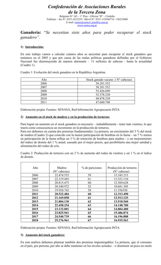 Confederación de Asociaciones Rurales
                               de la Tercera Zona
                                Belgrano N° 165 – 1° Piso – Oficina “B” – Córdoba
                    Teléfono – fax N°: 0351-4215255 / Móvil N°: 0351-152504774 / 156233088
                                      E-mail: cartez@cartez1.arnetbiz.com.ar
                                                www.cartez.org.ar

Ganadería: “Se necesitan siete años para poder recuperar el stock
ganadero”.

1) Introducción:

En este trabajo vamos a calcular cuántos años se necesitan para recuperar el stock ganadero que
teníamos en el 2005 y que por causa de las malas políticas ganaderas definidas por el Gobierno
Nacional fue disminuyendo de manera alarmante – 11 millones de cabezas - hasta la actualidad
(Cuadro 1).

Cuadro 1: Evolución del stock ganadero en la República Argentina.

                Año                                   Stock ganado vacuno ( N° cabezas)
               2006                                          58.281.552
               2007                                          58.281.552
               2008                                          55.426.699
               2009                                          52.378.230
               2010                                          48.878.230
               2011                                          47.660.748

Elaboración propia: Fuentes: SENASA, Red Información Agropecuaria INTA.

2) Aumento en el stock de madres y en la producción de terneros:

Para lograr un aumento en el stock ganadero es necesario – indudablemente - tener más vientres, lo que
traerá como consecuencia un incremento en la producción de terneros.
Para eso debemos en cuenta dos premisas fundamentales: La primera, un crecimiento del 3 % del stock
de madres (Cuadro 2) que coincide con la menor participación de hembras en la faena – un 7 % menos
en participación de la faena refleja un 3 % de retención de hembras para madres - y un mejoramiento
del índice de destete del 1 % anual, causado por el mejor precio, que posibilitaría una mejor sanidad y
alimentación del rodeo de cría.

Cuadro 2: Producción de terneros con un 3 % de aumento del rodeo de vientres y un 1 % en el índice
de destete.


         Año                Madres                % de pariciones       Producción de terneros
                         (N° cabezas)                                       (N° cabezas)
        2006              22.474.553                   59                    13.345.215
        2007              22.219.445                   61                    13.523.110
        2008              20.815.475                   60                    12.569.628
        2009              20.540.972                   52                    10.681.305
        2010              19.924.742                   58                    11.556350
        2011              20.522.484                   60                    12.313.490
        2012              21.169.058                   61                    12.913.125
        2013              21.804.130                   62                    13.518.560
        2014              22.458.254                   63                    14.148.700
        2015              23.132.001                   64                    14.804.480
        2016              23.825.961                   65                    15.486.874
        2017              24.540.739                   66                    16.196.888
        2018              25.276.961                   67                    16.935.563

Elaboración propia: Fuentes: SENASA, Red Información Agropecuaria INTA.

3) Aumento del stock ganadero:

En este análisis debemos plantear también dos premisas impostergables: La primera, que el consumo
en el país, por persona, por año se debe mantener en los niveles actuales – o disminuir un poco en razón
 