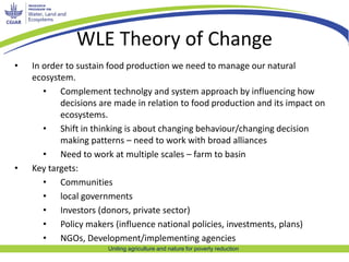Uniting agriculture and nature for poverty reduction
WLE Theory of Change
• In order to sustain food production we need to...