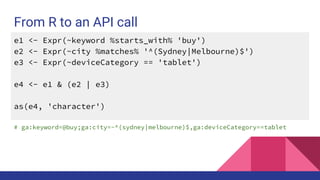 From R to an API call
e1 <- Expr(~keyword %starts_with% 'buy')
e2 <- Expr(~city %matches% '^(Sydney|Melbourne)$')
e3 <- Expr(~deviceCategory == 'tablet')
e4 <- e1 & (e2 | e3)
as(e4, 'character')
# ga:keyword=@buy;ga:city=~^(sydney|melbourne)$,ga:deviceCategory==tablet
 