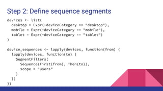 Step 2: Define sequence segments
devices <- list(
desktop = Expr(~deviceCategory == "desktop"),
mobile = Expr(~deviceCategory == "mobile"),
tablet = Expr(~deviceCategory == "tablet")
)
device_sequences <- lapply(devices, function(from) {
lapply(devices, function(to) {
SegmentFilters(
Sequence(First(from), Then(to)),
scope = "users"
)
})
})
 