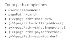 Count path completions
● users::sequence::
● pagePath=~cart$
● ;->>pagePath=~checkout$
● ;->>pagePath=~billingaddress$
● ;->>pagePath=~shippingoptions$
● ;->>pagePath=~paymentmethod$
● ;->>pagePath=~submitorder$
 
