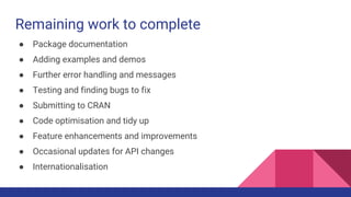 Remaining work to complete
● Package documentation
● Adding examples and demos
● Further error handling and messages
● Testing and finding bugs to fix
● Submitting to CRAN
● Code optimisation and tidy up
● Feature enhancements and improvements
● Occasional updates for API changes
● Internationalisation
 