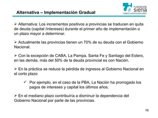 Alternativa – Implementación Gradual Alternativa: Los incrementos positivos a provincias se traducen en quita de deuda (capital /intereses) durante el primer año de implementación o un plazo mayor a determinar. Actualmente las provincias tienen un 70% de su deuda con el Gobierno Nacional. Con la excepción de CABA, La Pampa, Santa Fe y Santiago del Estero, en las demás, más del 50% de la deuda provincial es con Nación. En la práctica se reduce la pérdida de ingresos al Gobierno Nacional en el corto plazo Por ejemplo, en el caso de la PBA, La Nación ha prorrogado los pagos de intereses y capital los últimos años. En el mediano plazo contribuiría a disminuir la dependencia del Gobierno Nacional por parte de las provincias. 