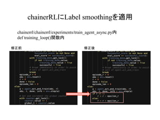 chainerRLにLabel smoothingを適用	
chainerrl/chainerrl/experiments/train_agent_async.py内
def training_loop()関数内
修正前 修正後
 