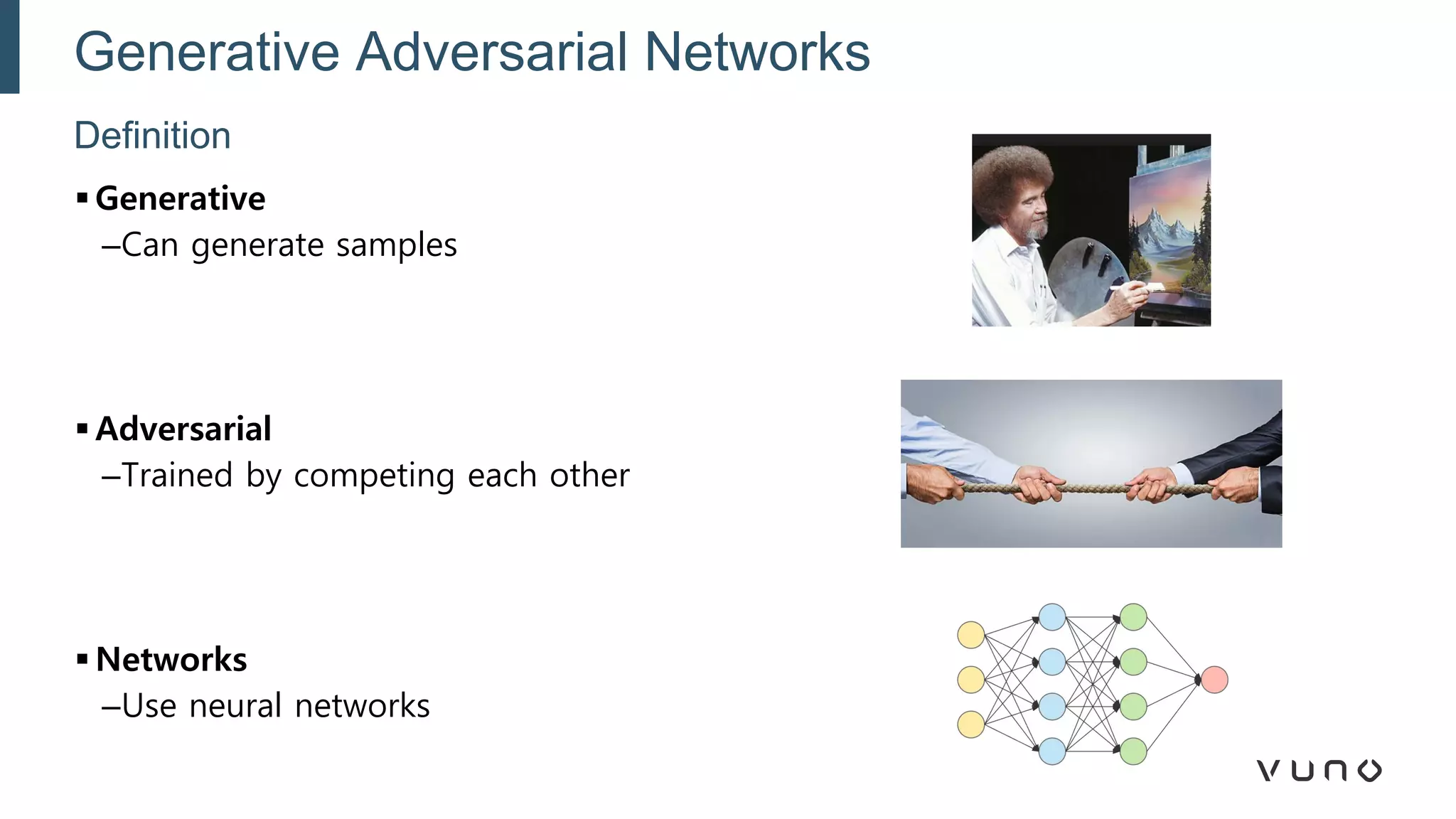 ▪ Generative
–Can generate samples
▪ Adversarial
–Trained by competing each other
▪ Networks
–Use neural networks
Definition
Generative Adversarial Networks
 