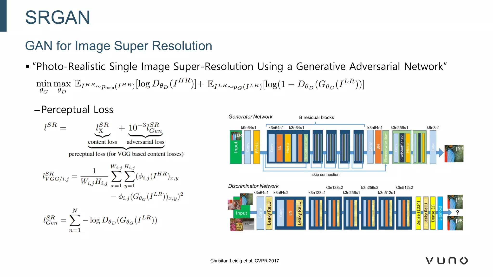 ▪ “Photo-Realistic Single Image Super-Resolution Using a Generative Adversarial Network”
–Perceptual Loss
GAN for Image Super Resolution
SRGAN
Chrisitan Leidig et al, CVPR 2017
 