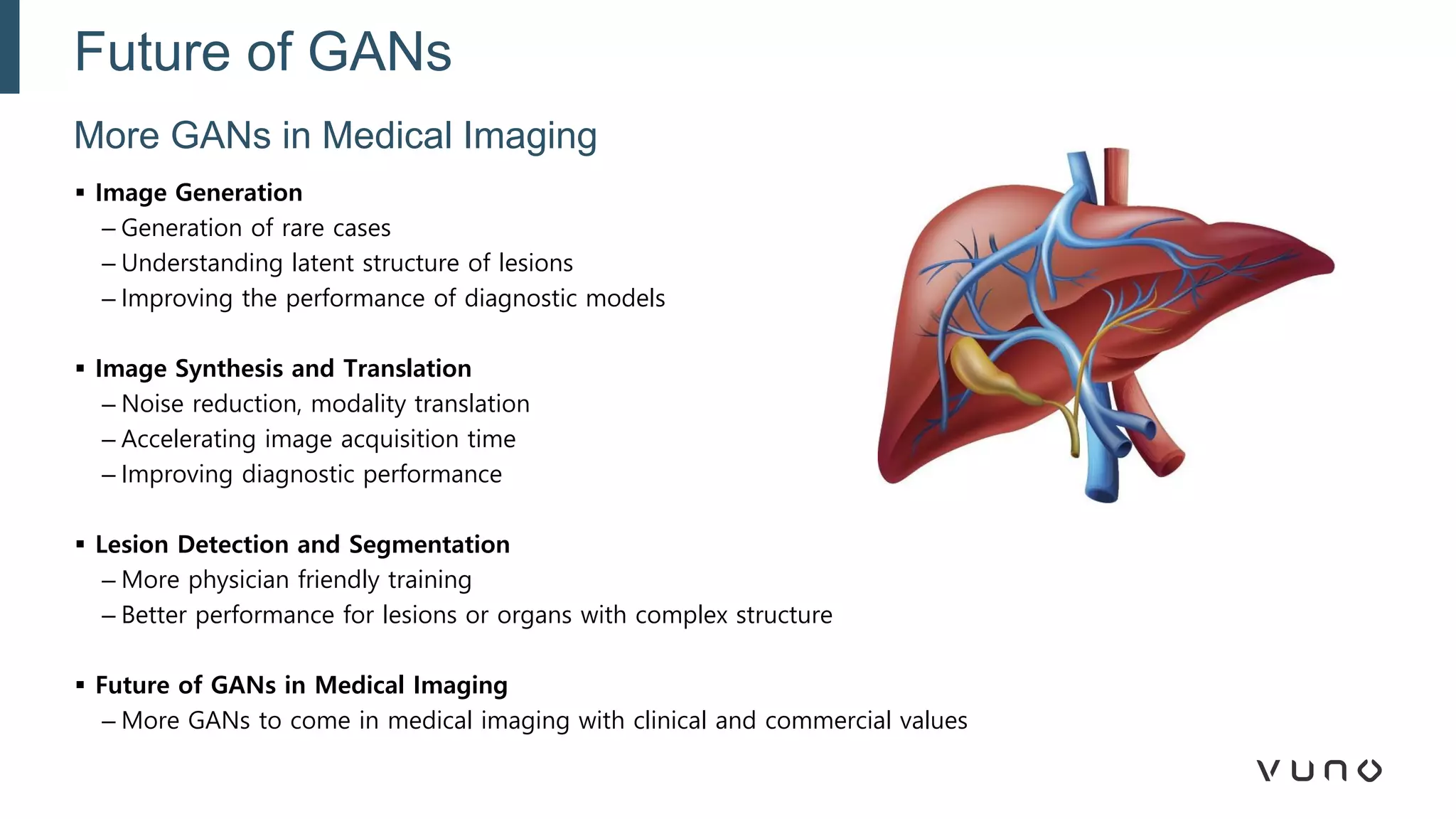 ▪ Image Generation
– Generation of rare cases
– Understanding latent structure of lesions
– Improving the performance of diagnostic models
▪ Image Synthesis and Translation
– Noise reduction, modality translation
– Accelerating image acquisition time
– Improving diagnostic performance
▪ Lesion Detection and Segmentation
– More physician friendly training
– Better performance for lesions or organs with complex structure
▪ Future of GANs in Medical Imaging
– More GANs to come in medical imaging with clinical and commercial values
More GANs in Medical Imaging
Future of GANs
 